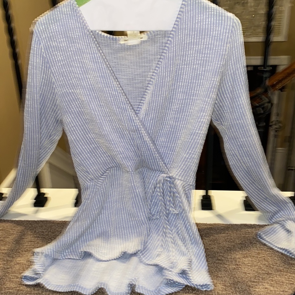 Light blue and white low cut formal blouse
